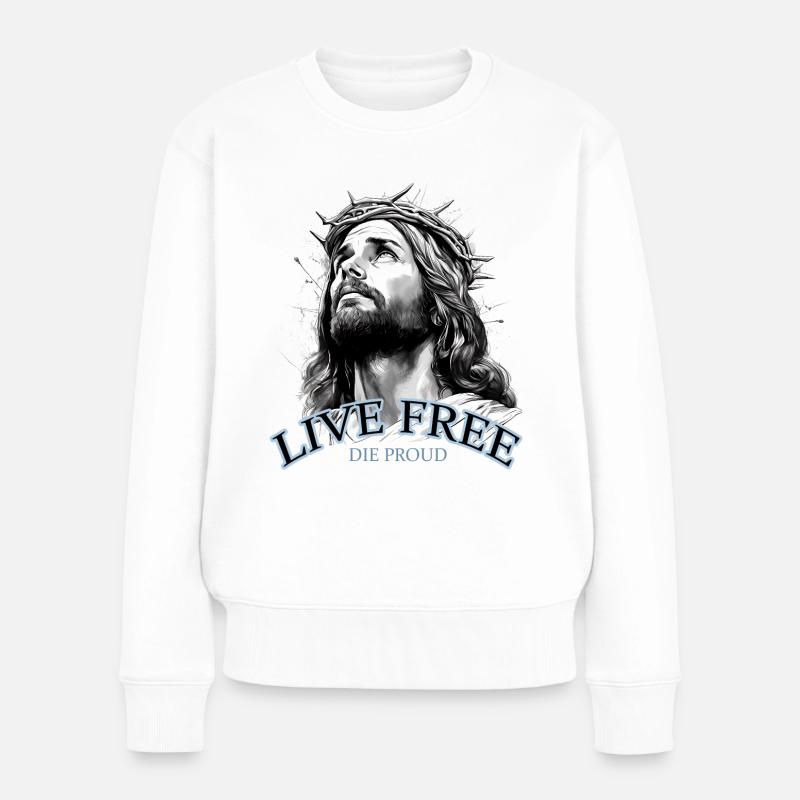 JÉSUS AVEC COURONNE D’ÉPINES VIT LIBRE LES ORGUEILLEUX - Pull Premium bio Femme - blanc