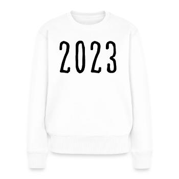 2023 - Jahr - Jahreswechsel - Frauen Premium Bio Pullover - Weiß - Vorne - Julia (174cm)