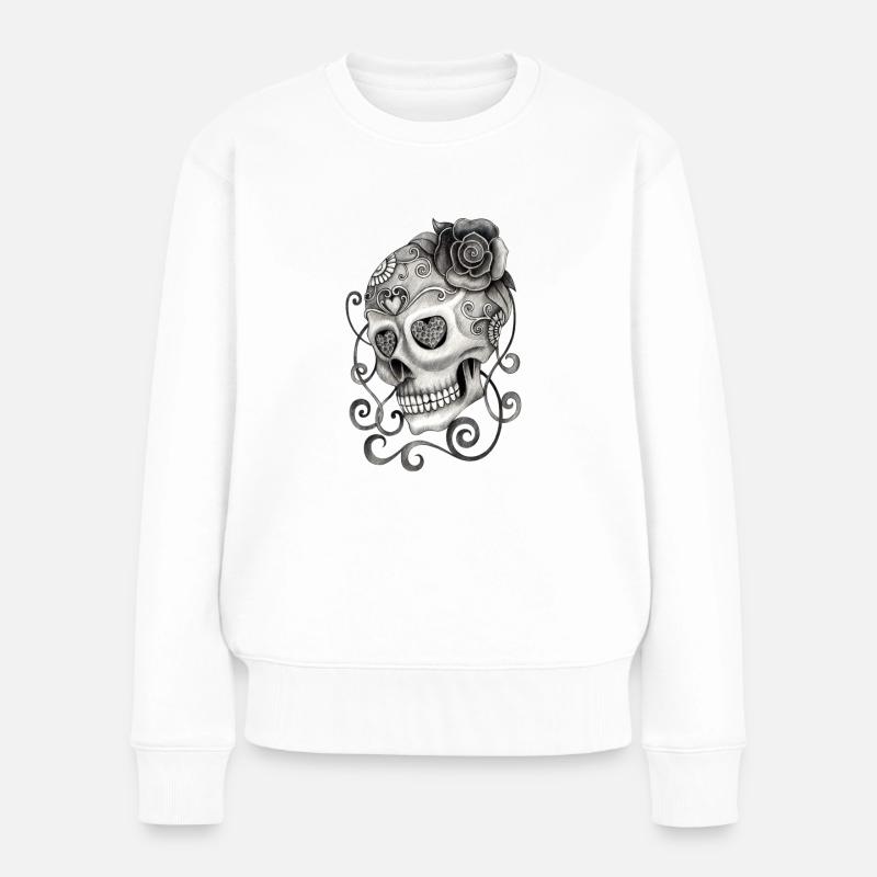 Totenkopf mit Rose Tattoo - Frauen Premium Bio Pullover - Weiß