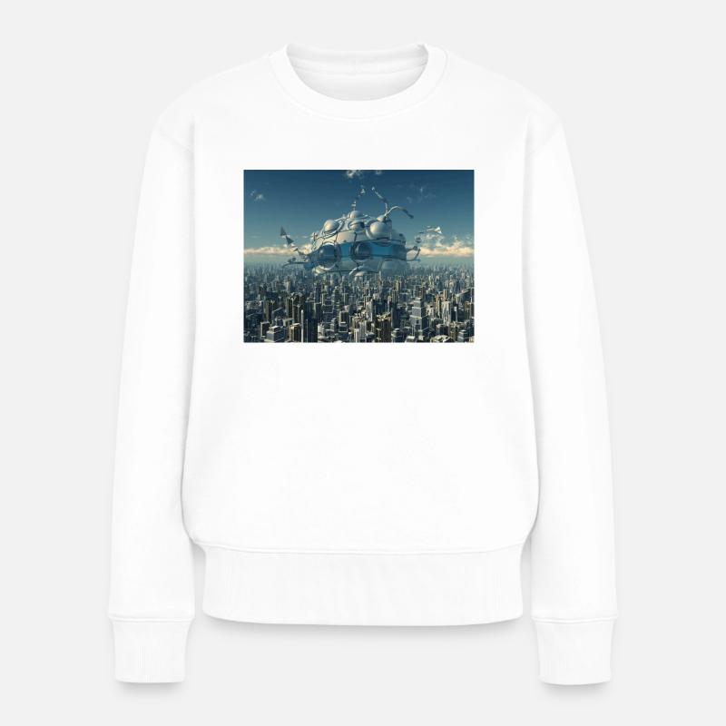 Riesiges Raumschiff in einer Großstadt - Frauen Premium Bio Pullover - Weiß