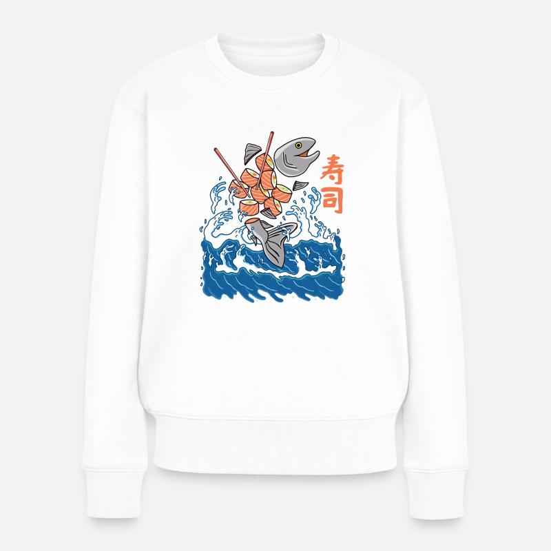 Lachs Sushi in der Welle - Frauen Premium Bio Pullover - Weiß