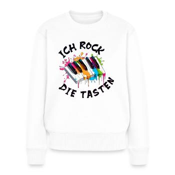Musik Klavier "Ich rock die Tasten" Farbspritzer - Frauen Premium Bio Pullover - Weiß - Vorne - Julia (174cm)