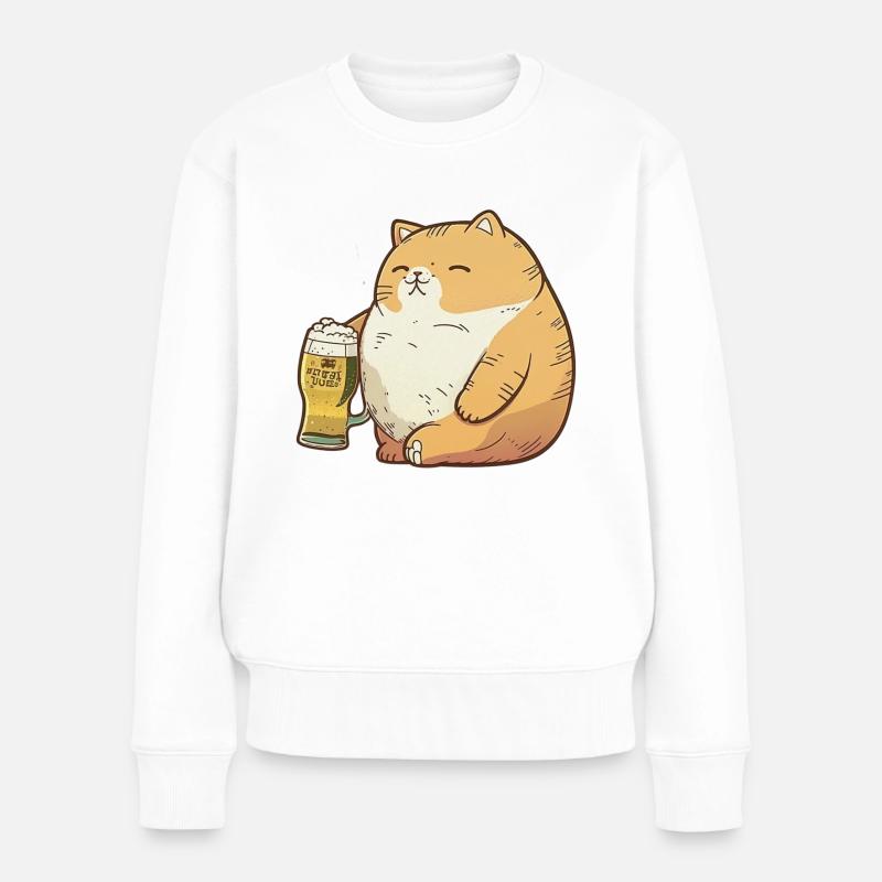 Drôle de gros chat dégustant une grosse bière - Pull Premium bio Femme - blanc