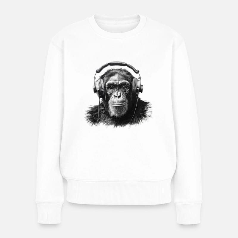 Schimpanse mit Kopfhörern - Frauen Premium Bio Pullover - Weiß