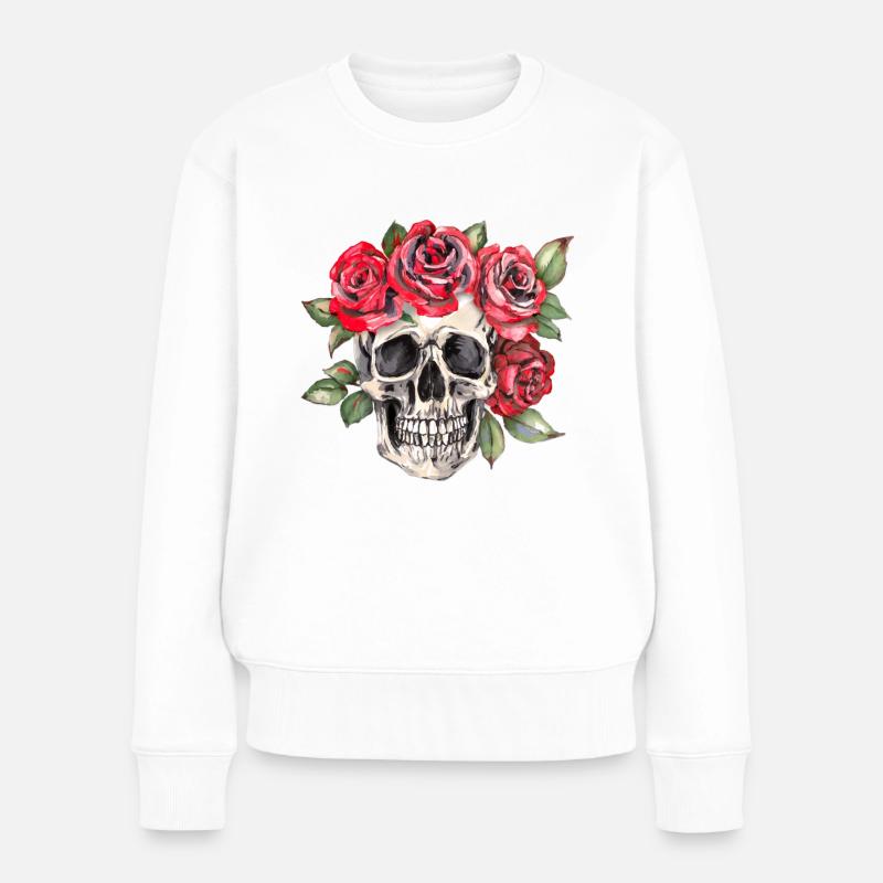 Crâne avec des roses rouges - Pull Premium bio Femme - blanc