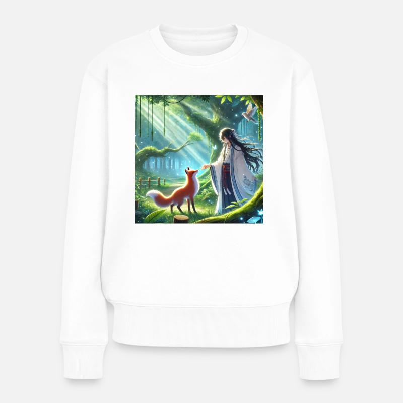 Frau mit Fuchs Animestyle - Frauen Premium Bio Pullover - Weiß