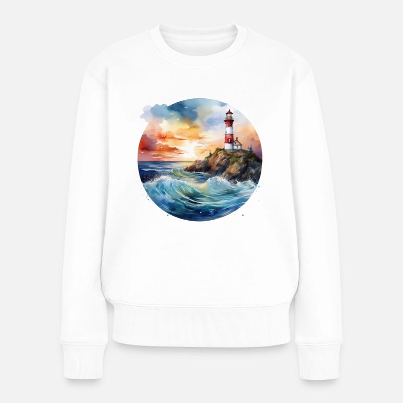 Majestätischer Leuchtturm bei Sonnenuntergang mit tosenden Wellen - Frauen Premium Bio Pullover - Weiß