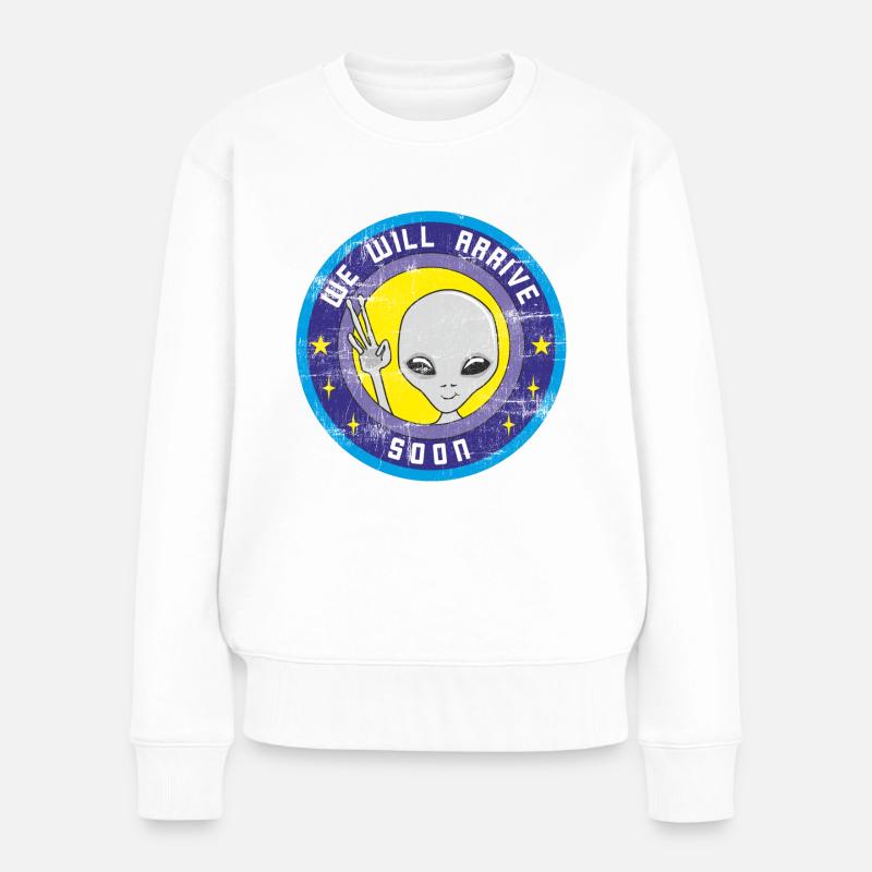 Alien wird bald mit UFO aus dem Weltraum kommen. - Frauen Premium Bio Pullover - Weiß