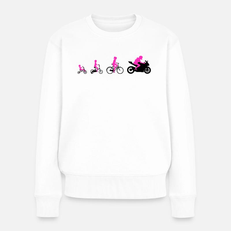 Evolution Frau Auf Motorrad Supersportler Design - Frauen Premium Bio Pullover - Weiß