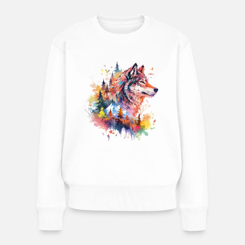 Wolf Wolfskopf Natur Wildnis Abenteuer Wald Kunst - Frauen Premium Bio Pullover - Weiß