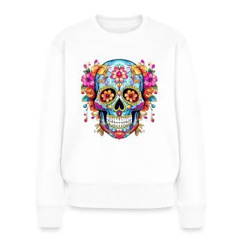 Mexikanischer Totenkopf, Blumen, Schädel, floral - Frauen Premium Bio Pullover - Weiß - Vorne - Julia (174cm)