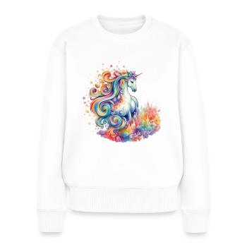 Une licorne veille sur la ville - Pull Premium bio Femme - blanc - Devant - Julia (174cm)