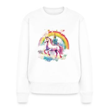 Einhorn Regenbogen Schloss Bunt Magie Fantasie - Frauen Premium Bio Pullover - Weiß - Vorne - Julia (174cm)