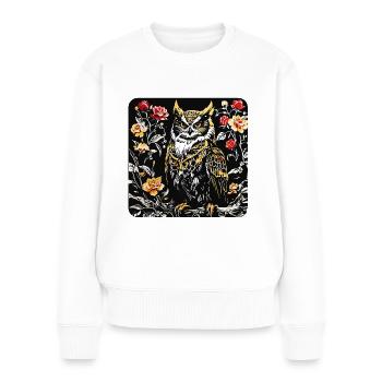 Hibou avec des vrilles de pétales de rose en aspect gravure sur bois - Pull Premium bio Femme - blanc - Devant - Julia (174cm)