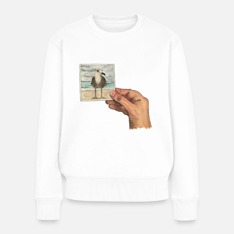 Hand mit Foto einer Möwe - Frauen Premium Bio Pullover - Weiß
