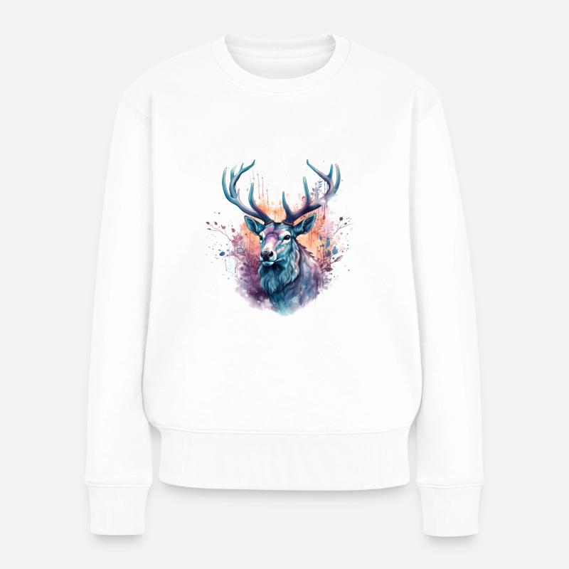 Hirsch Bunt Aquarell - Frauen Premium Bio Pullover - Weiß