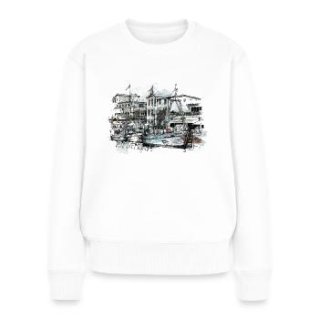 Warnemünde Fischmarkt - Frauen Premium Bio Pullover - Weiß - Vorne - Julia (174cm)