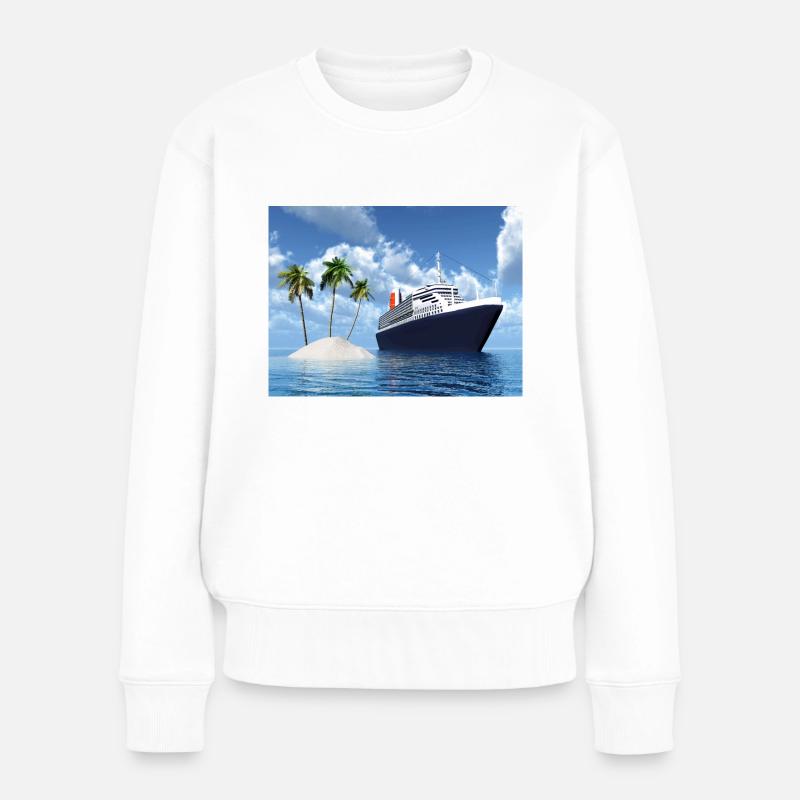 Kreuzfahrtschiff und einsame Insel mit Palmen - Frauen Premium Bio Pullover - Weiß