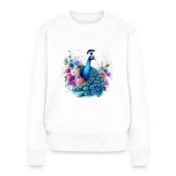 Pfau Pfauenfeder Blumen Bunt Farbenfroh Kunst - Frauen Premium Bio Pullover - Weiß - Vorne - Julia (174cm)