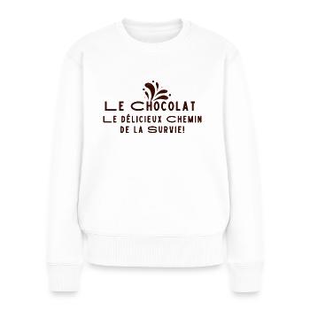 "Schokolade, der köstliche Weg zum Überleben" - Frauen Premium Bio Pullover - Weiß - Vorne - Julia (174cm)
