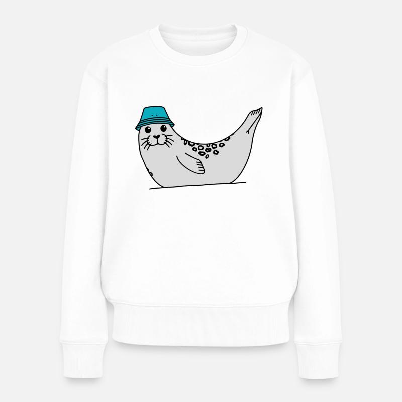 Robbe mit Anglerhut - Frauen Premium Bio Pullover - Weiß