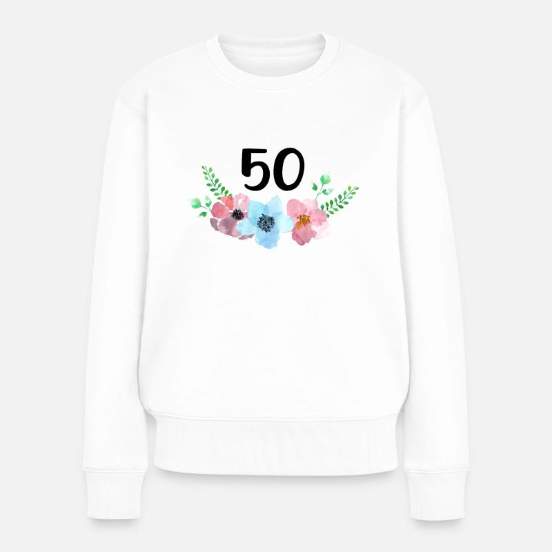 Fleurs avec numéro pour le 50e anniversaire de mariage doré - Pull Premium bio Femme - blanc