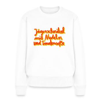 Jägerschnitzel mit Nudeln und Tomatensoße - Frauen Premium Bio Pullover - Weiß - Vorne - Julia (174cm)