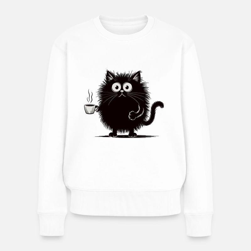 Schwarze Katze mit Kaffee Shirt - Frauen Premium Bio Pullover - Weiß