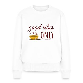 Coque sonore - Adage « Good Vibes only » - Pull Premium bio Femme - blanc - Devant - Julia (174cm)