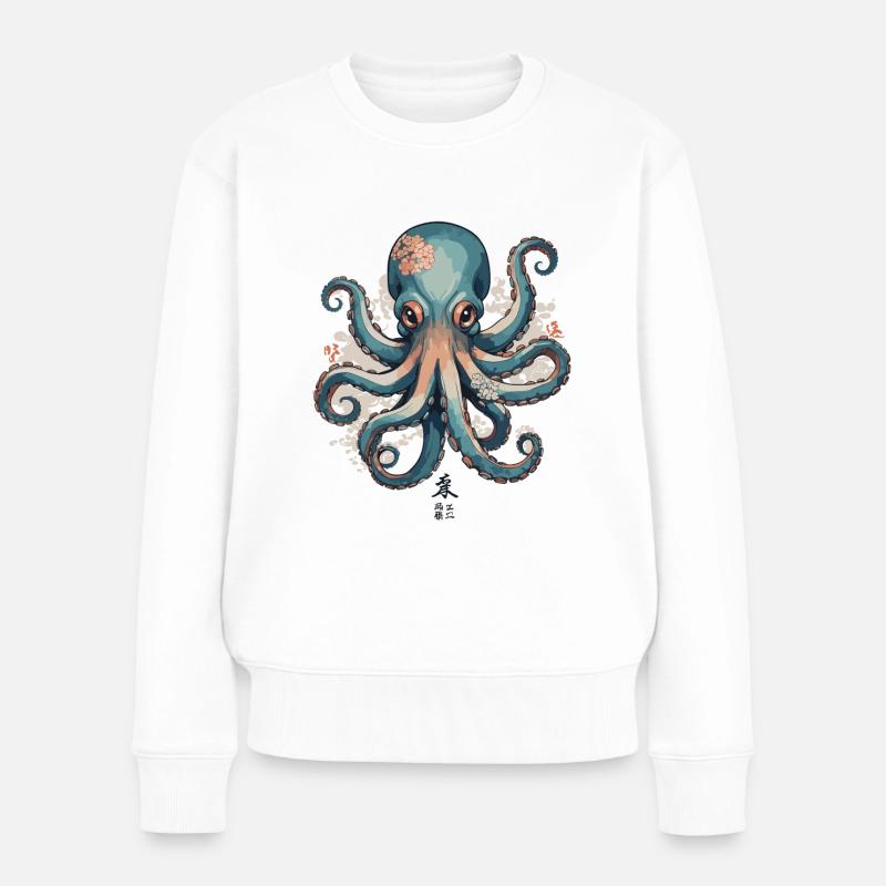 Oktopus Ukiyo-E Kirschblüten Japan Meer Design - Frauen Premium Bio Pullover - Weiß