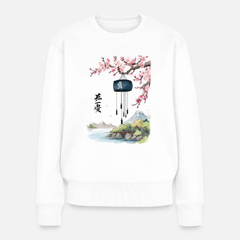Paysage japonais rétro Ukiyo-e cloches à vent - Pull Premium bio Femme - blanc