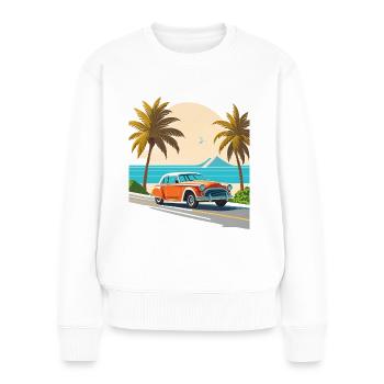 Voiture de collection sur la côte avec des palmiers - Pull Premium bio Femme - blanc - Devant - Julia (174cm)
