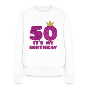 50E ANNIVERSAIRE - C’EST MON ANNIVERSAIRE - CADEAU POUR - Pull Premium bio Femme - blanc - Devant - Julia (174cm)