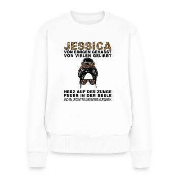 Jessica Gehasst Geliebt Großes Mundwerk - Frauen Premium Bio Pullover - Weiß - Vorne - Julia (174cm)