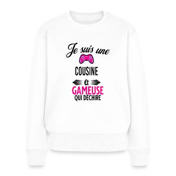 je suis gameuse qui déchire et cousine - Pull Premium bio Femme - blanc - Devant - Julia (174cm)