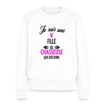 je suis chasseuse qui déchire et fille - Pull Premium bio Femme - blanc - Devant - Julia (174cm)