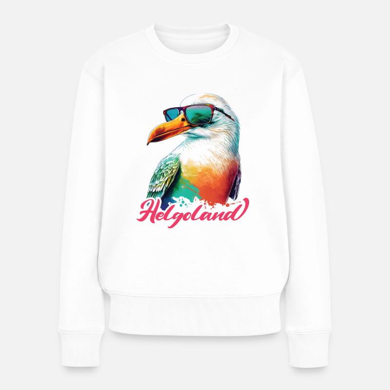 Helgoland Urlaub coole bunte Möwe mit Sonnenbrille - Frauen Premium Bio Pullover - Weiß
