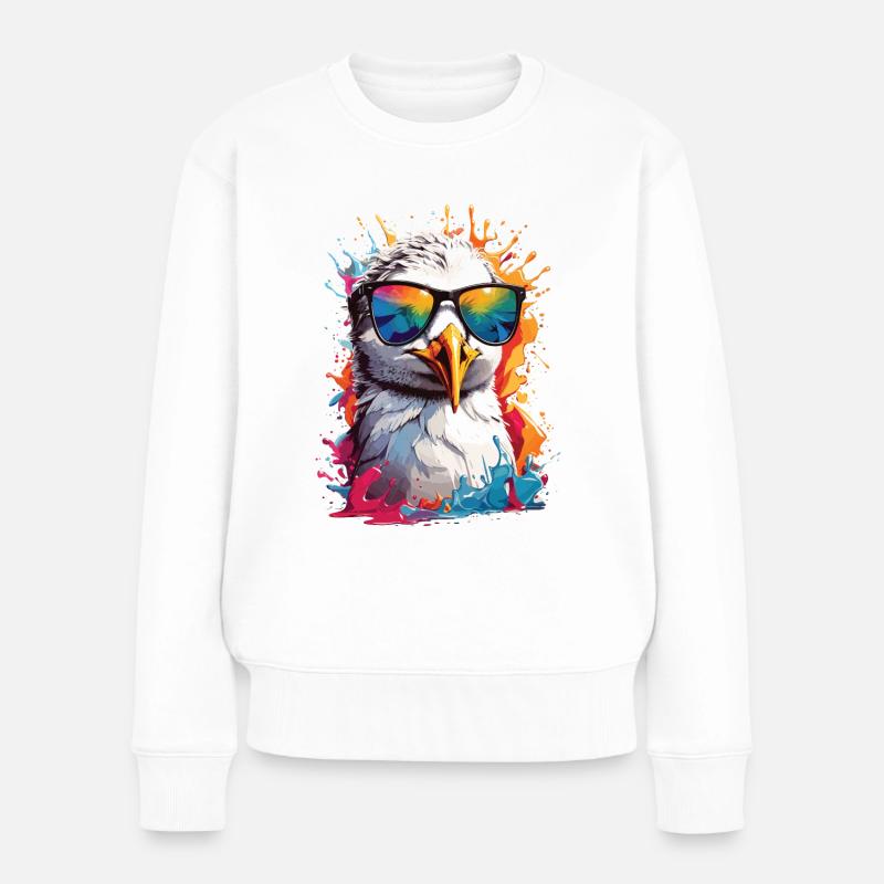 Möwe Sonnenbrille Sommer Urlaub bunt - Frauen Premium Bio Pullover - Weiß