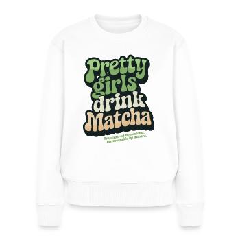 « Pretty Girls Drink Matcha », thé vert rétro - Pull Premium bio Femme - blanc - Devant - Julia (174cm)