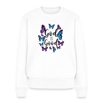 Citation de verset biblique chrétien - Pull Premium bio Femme - blanc - Devant - Julia (174cm)