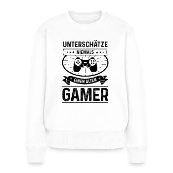 UNTSCHATZE NIEMALS EINEN ALTEN GAMER - - Frauen Premium Bio Pullover - Weiß - Vorne - Julia (174cm)
