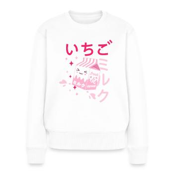 Erdbeermilch, Kawaii, Strawberry, Milk - Frauen Premium Bio Pullover - Weiß - Vorne - Julia (174cm)