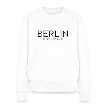 Berlin Koordinaten - Deutschland Brandenburger Tor - Frauen Premium Bio Pullover - Weiß - Vorne - Julia (174cm)