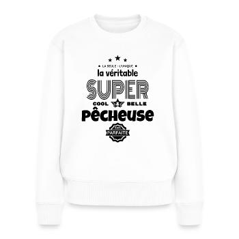 super pêcheuse 100% parfaite t-shirt humour - Pull Premium bio Femme - blanc - Devant - Julia (174cm)