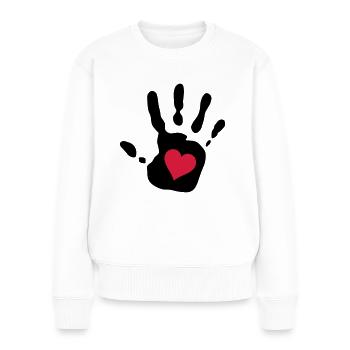 empreinte de la main coeur rouge - Pull Premium bio Femme - blanc - Devant - Julia (174cm)