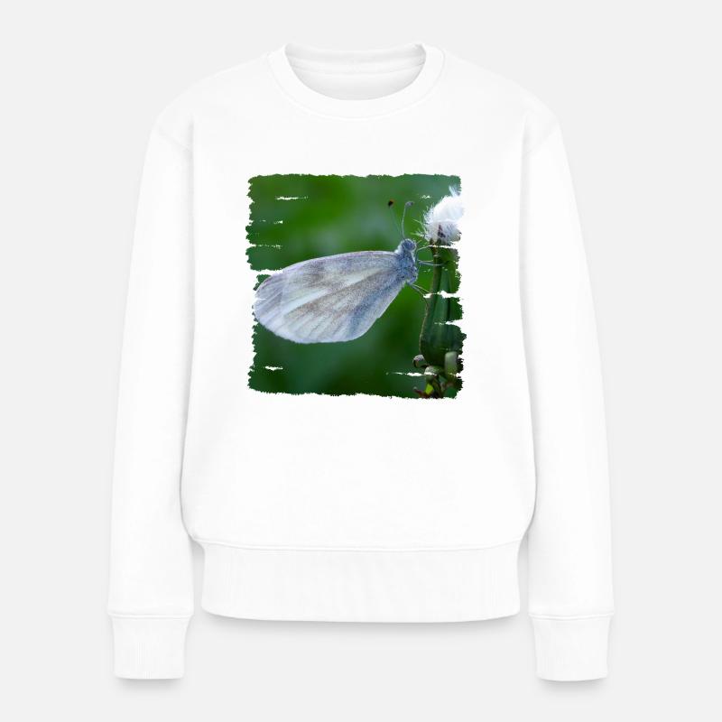 Schmetterling ruht auf einer Distel - Frauen Premium Bio Pullover - Weiß