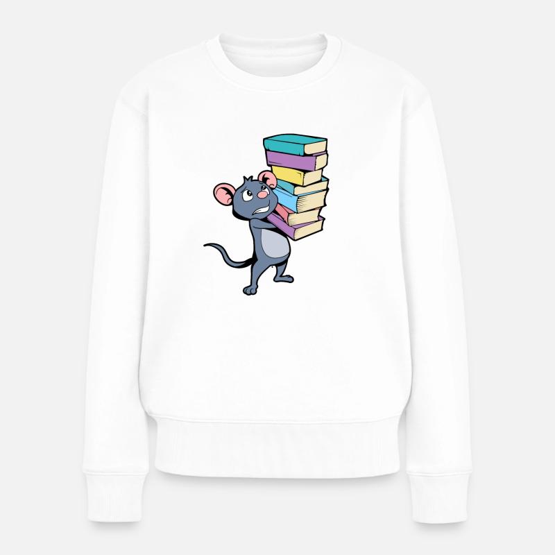 Cartoon Maus mit Bücherstapel - Leseratte - Frauen Premium Bio Pullover - Weiß