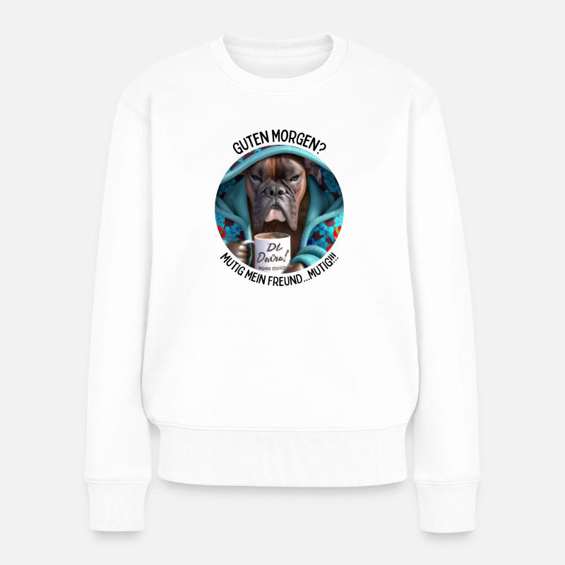 MORGENMUFFEL - HUND MIT KAFFEE - Frauen Premium Bio Pullover - Weiß