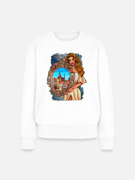 Rostock Illustration Frau mit Spiegel - Frauen Premium Bio Pullover - Weiß