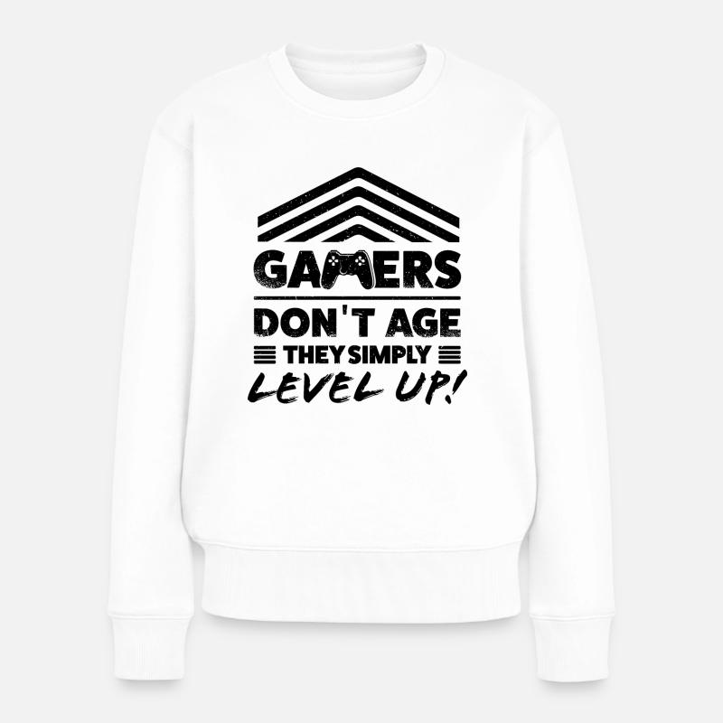 "Gamers don´t age they level up!" Zocker Shirt - Frauen Premium Bio Pullover - Weiß